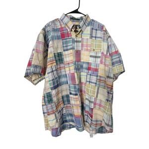 Vtg Orvis Patchwork Plaid Shirt Mens Large Short Sleeve Button Up Multi Colorful